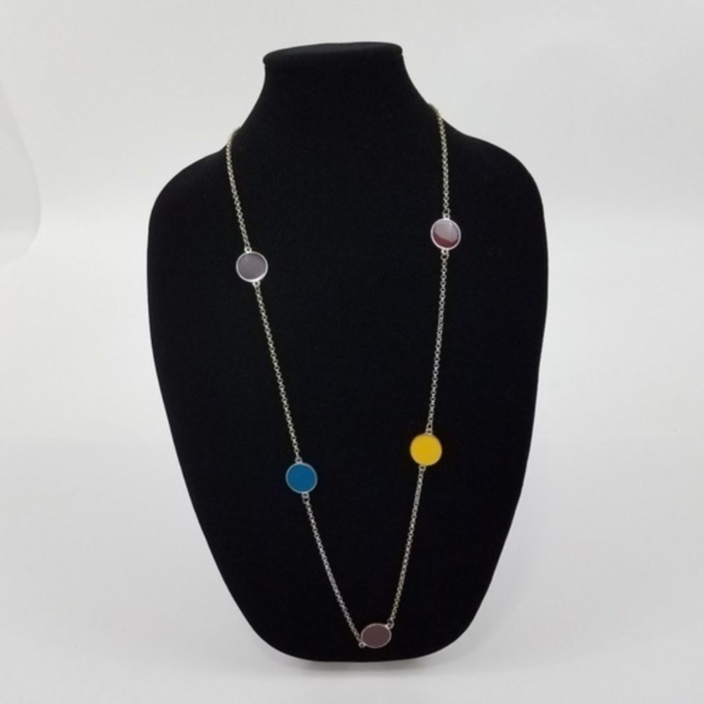 Modern Mod Necklace Chain Circle Multi Color Silver Tone Chain Red Yellow Enamel